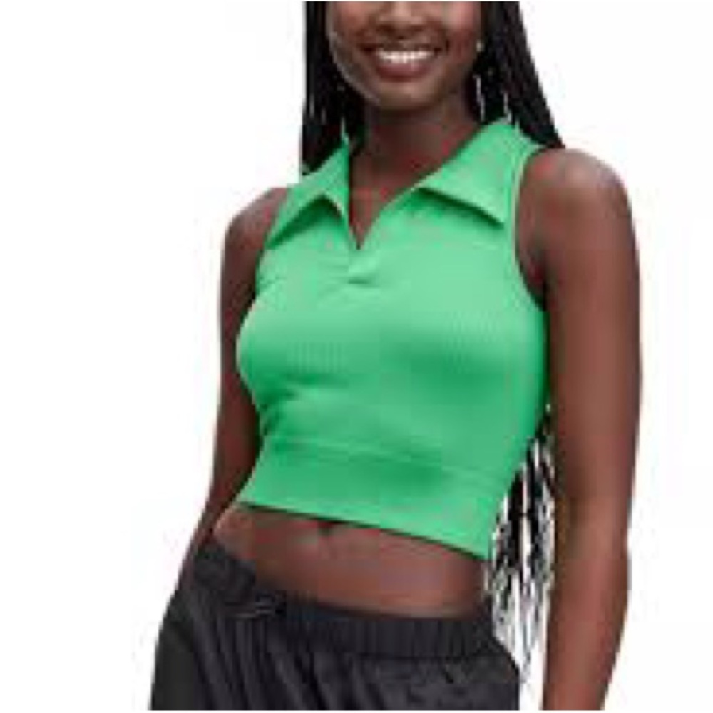 DVF Green Collared Ribbed Cropped Polo Target Diane Von Furstenberg XXL